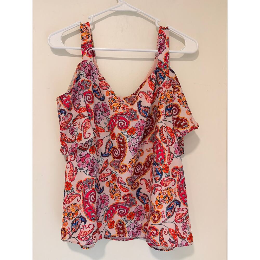 Antibes Blanc Floral Paisley Cold Shoulder Flutter Sleeve Blouse Top Sz S - Picture 6 of 6